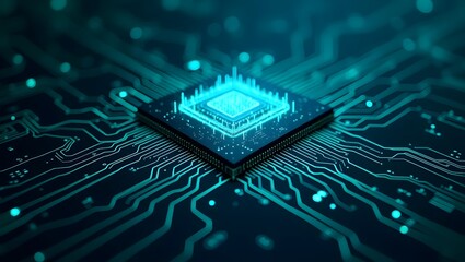 Abstract AI Microchip Network with Glowing Teal Circuit Lines in Futuristic Isometric Design