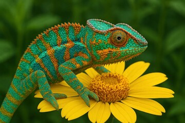 Camaleón colorido posado sobre una flor amarilla en la naturaleza, enfoque nítido y fondo desenfocado, fotografía de vida silvestre y naturaleza