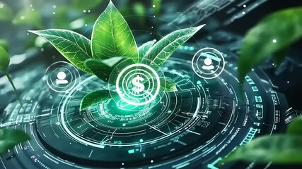 Green leaves emerging from a digital interface, symbolizing eco-friendly technology and finance - Powered by Adobe