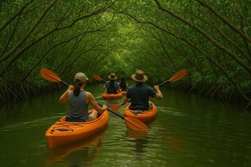 Grupo de personas remando en kayak naranja por túnel de manglar verde, aventura ecológica y turismo de naturaleza, exploración al aire libre en río rodeado de vegetación