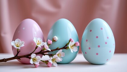 Fototapeta premium in the image, there are three easter eggs displayed on a surface with a blurred background that gives the impression of being indoors