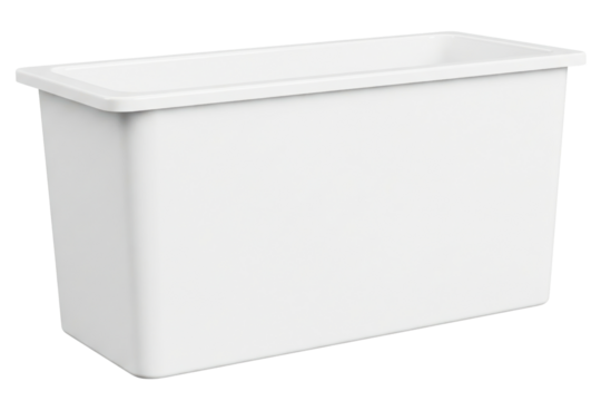 Simple rectangular white plastic tub for home organization isolated on a transparent background