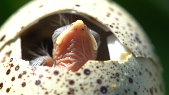 Newborn bird hatching from egg close up view of a tiny bird's head