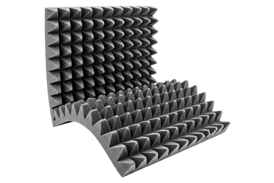 Curved gray acoustic foam panel for soundproofing studio walls isolated on a transparent background
