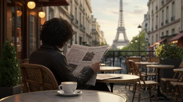 Person reading newspaper at Paris caf? with Eiffel Tower view