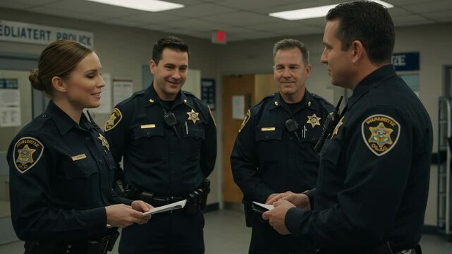 SEDLIATERT PROLICE POLIZEI. Group of diverse police officers in uniform having a team briefing inside a station. Law enforcement professionals collaborating on a case.