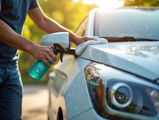Eco-Friendly Car Owner Washing Hybrid with Waterless Spray, Clean and Sustainable Lifestyle Concept 