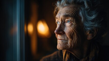 An elderly war survivor sitting by a window, face etched with memories, soft golden hour light, reflective cinematic portrait.