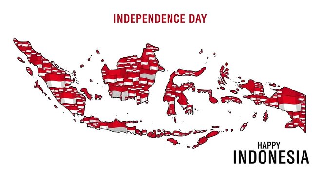 Indonesia map illustration with red and white flag patterns, celebrating Independence Day.