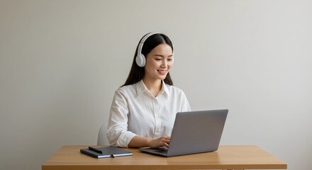 Young professional woman smiling while working on a laptop, wearing headphones for remote work, studying, or attending a virtual conference at home office