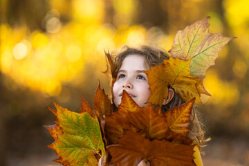Autumn fall and beauty child portrait. Little child in autumn orange leaves, outdoor portrait....