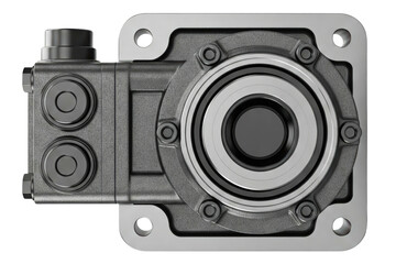 Top-down view of an industrial hydraulic power take-off unit isolated on a transparent background