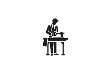 Tailor at Work on Sewing Machine with Measuring Tape Around Neck in Black Silhouette