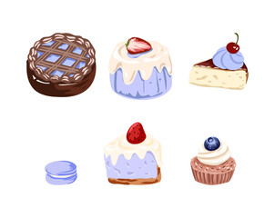 Hand Drawn Pastel Cake Clipart – Strawberry Blueberry Cherry Dessert Vector