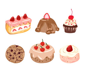 Hand Drawn Cute Cake Clipart – Strawberry Cherry Chocolate Dessert Vector