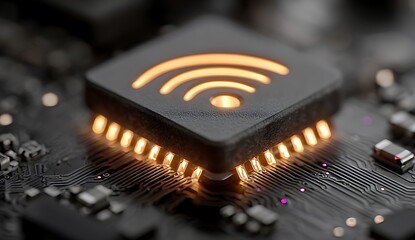 Closeup of a Dark Gary Square Microchip with Glowing Orange WIFI Symbol Embedded on a Black Circuit Board with Illuminated Gold Pins