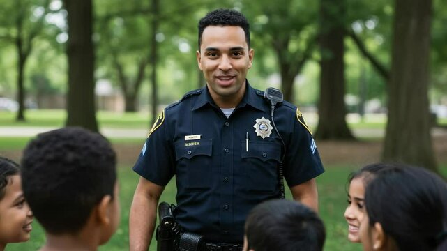 Friendly police officer of color talking with a group of diverse children in a park. Community policing and building trust with the public.