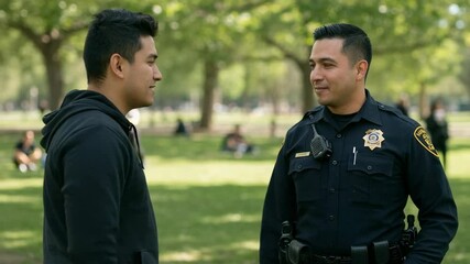 Friendly Hispanic police officer shaking hands with a young man in a park. Positive community policing and building public trust.