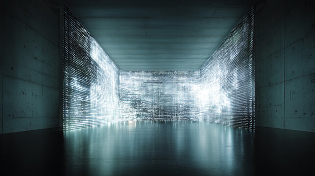 Futuristic Digital Circuit LED Room with Glowing Blue Display