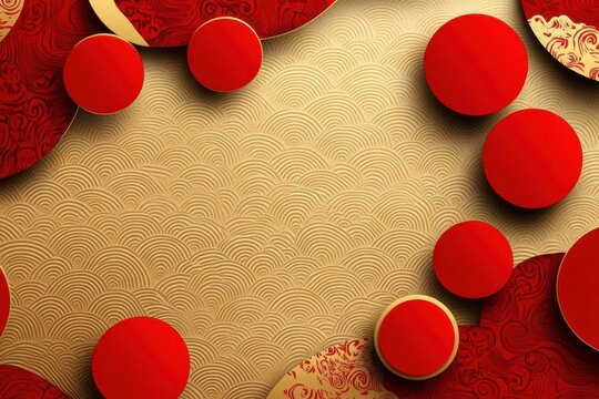 celebrate with golden patterns and red circles for a festive atmosphere, and chinese new year.