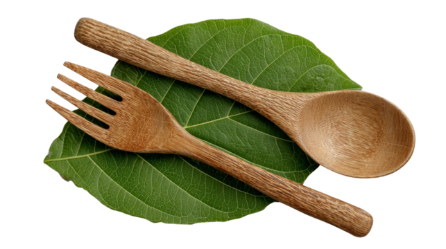 Two wooden utensils, a fork and a spoon, are placed on top of a leaf