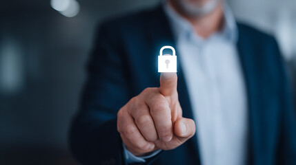 p3685236 242 A businessman touches a glowing digital lock icon, illustrating the importance of cybersecurity in protecting sensitive data from cyber threats 77214132 1