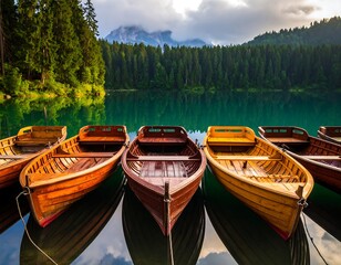 Obraz premium Calm lake with wooden boats