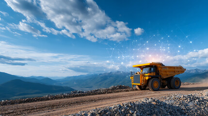 p3685236 241 A yellow dump truck in a quarry is enhanced by a digital twin overlay, demonstrating the impact of technology in construction and mining 83664864 1