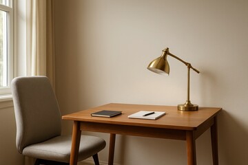 Minimal cozy home office with wooden desk and golden lamp natural light perfect for productivity remote work and interior design