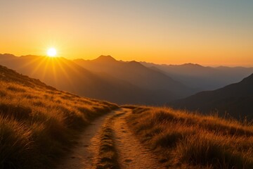 Mountain trail at golden sunset with warm sun rays ideal for hiking inspiration travel ads and outdoor adventure visuals