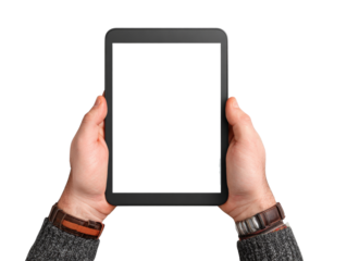 A person is holding a tablet with a white screen