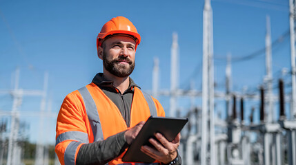 Fototapeta premium p3685236 255 Engineer checks data at high voltage substation under clear blue 89548713 1