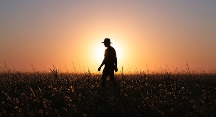 Silhouette of person with hat walking in field at sunset or sunrise.