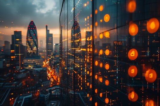 Cityscape at sunset reflected in modern building glass.