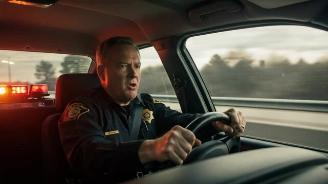 Intense middle-aged Caucasian police officer driving a patrol car. Stressed male cop in uniform on duty during an emergency pursuit on the highway.