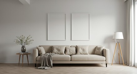 Minimalist Living Room Interior with Mockup Frames and Cozy Sofa, Creating a Serene Aesthetic