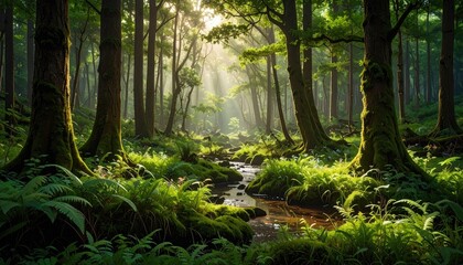 Fototapeta premium Sunlight streams through a lush forest
