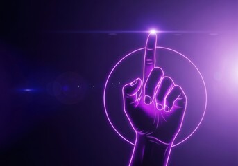 A neon hand touches a glowing screen in a futuristic, digital interface