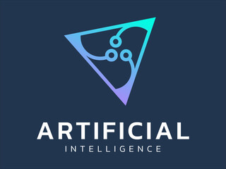 Artificial intelligence with curved network lines in Triangle shape technology Analysis logo vector design concept. AI technology logotype symbol for advance technology, ui,  identity, automation.