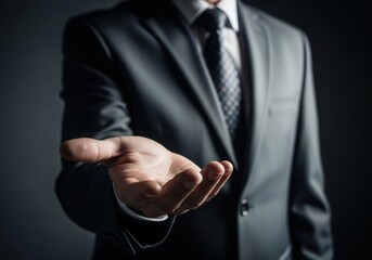 A businessman extends his open hand in a gesture of offering or support
