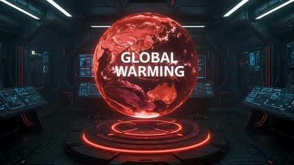 Global Warming Earth Globe Displaying Environmental Crisis In Futuristic Control Room - Powered by Adobe