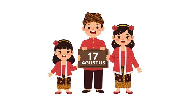 Illustration depicts a family of three holding a sign celebrating Indonesian Independence Day.
