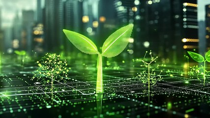 Futuristic cityscape with digital green plants growing amidst skyscrapers, symbolizing urban sustainability - Powered by Adobe