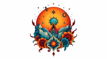 Retro Tattoo Style Graphic with Cosmic and Botanical Elements