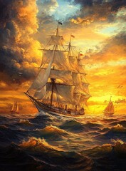 Obraz premium Golden sunset seascape with sailing ship