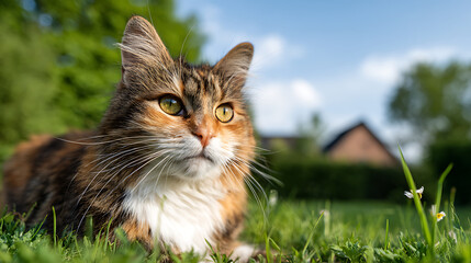p3685236 364 Furry tortoiseshell cat resting on green grass during a sunny day in a serene environment 16974930 1