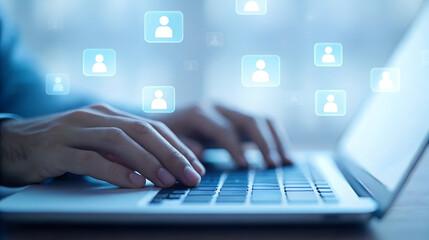 Obraz premium Connecting Globally Hands Typing on Laptop with Social Media Icons