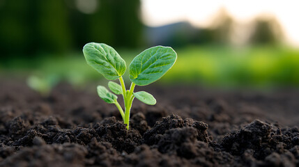 Fototapeta premium p3685236 365 New cucumber seedling growing in rich soil under sunlight in a garden 19032943 1