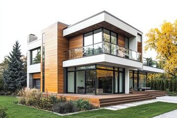 Modern wood and glass house exterior with fall foliage