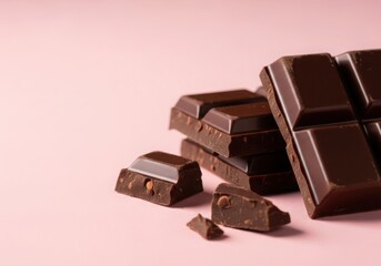 Pieces of dark chocolate are stacked on a pink surface